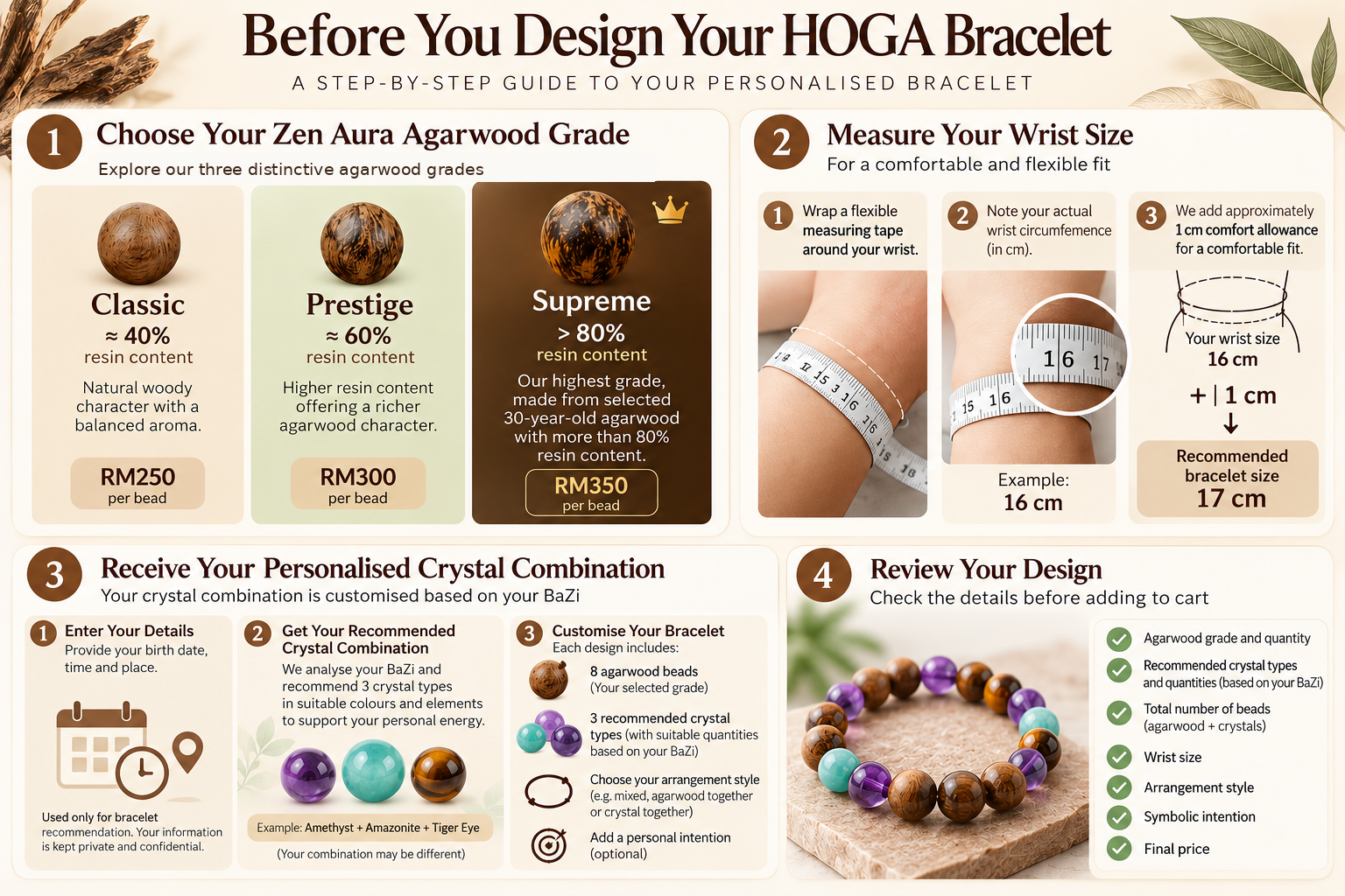 HOGA bracelet guide: choose agarwood grade, measure wrist, receive BaZi-inspired crystals, review design