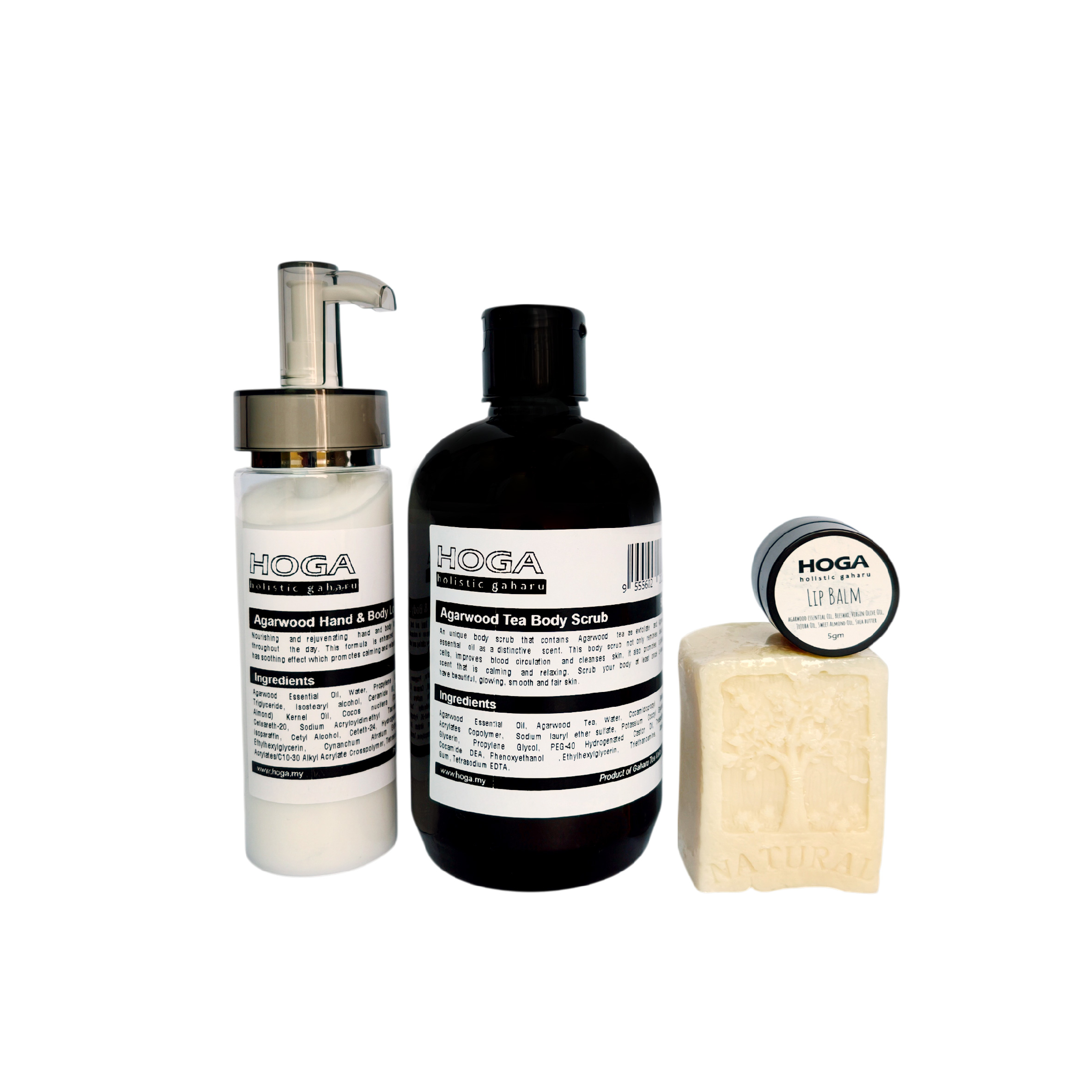 HOGA Beauty set (Agarwood Lip Balm, Agarwood Tea Body Scrub, Agarwood Lotion & Agarwood Beauty Bar)