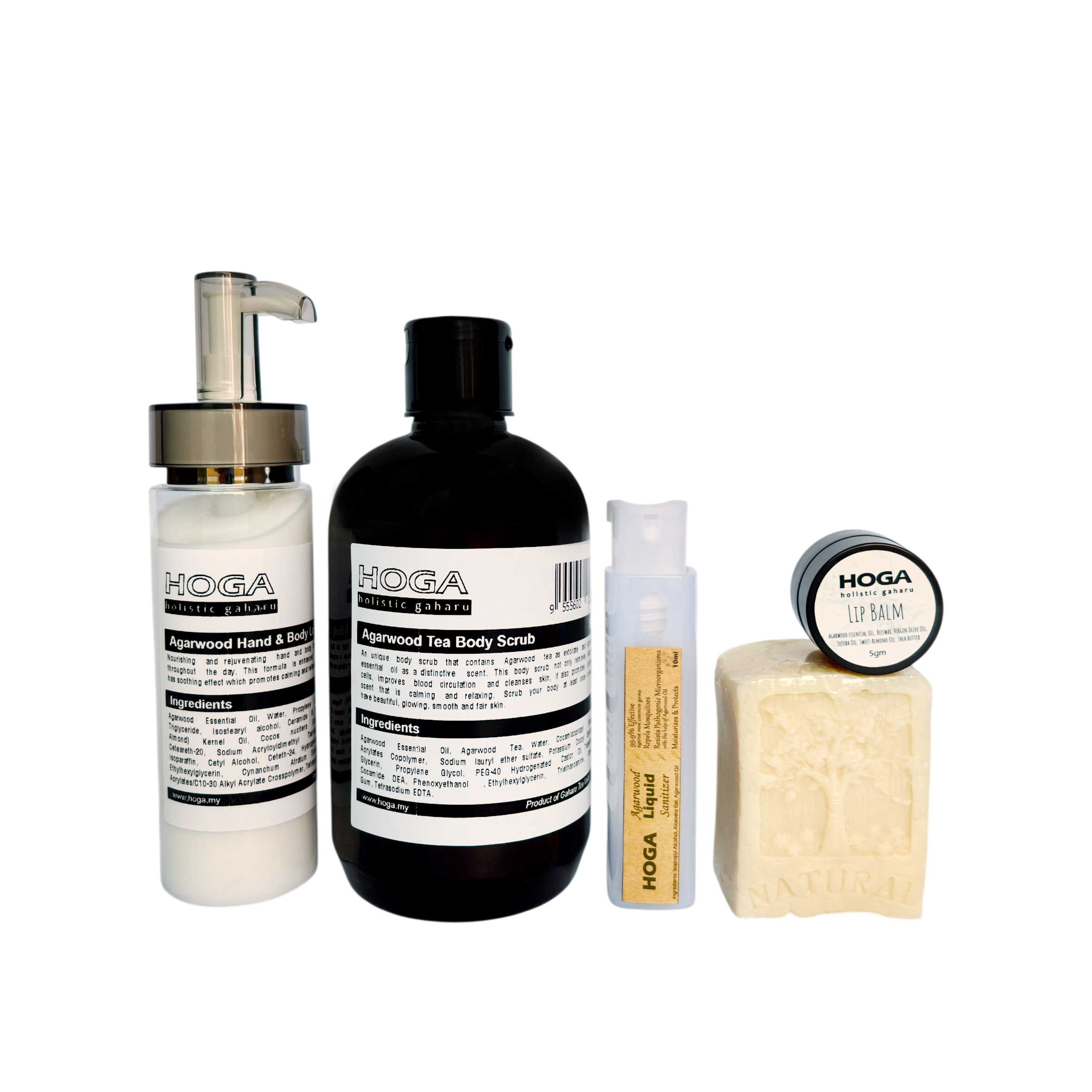 HOGA Beauty set (Agarwood Lip Balm, Agarwood Tea Body Scrub, Agarwood Lotion & Agarwood Beauty Bar)